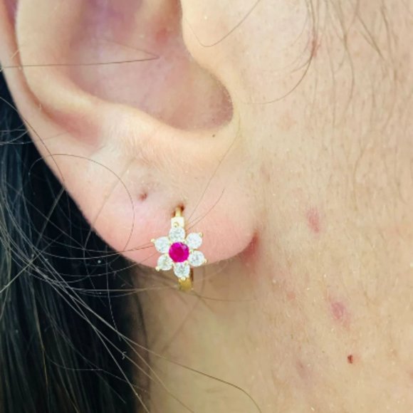 14K Yellow Gold Flowers Huggies Hoop Earrings Birthstones 11x13mm for Baby Girls - Picture 1 of 16